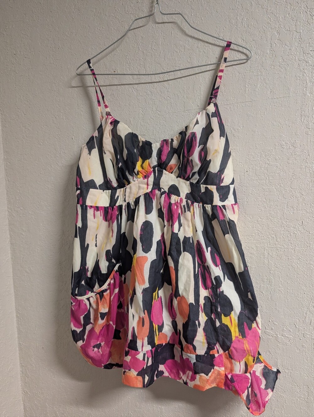 Allen B Top L Pink Navy Bubble Rhinestone Pockets Strappy Coquette Festival Twee